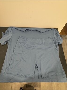 Light Blue and Black Two-Piece Lounge Sets - Short Sleeve Tops & Shorts